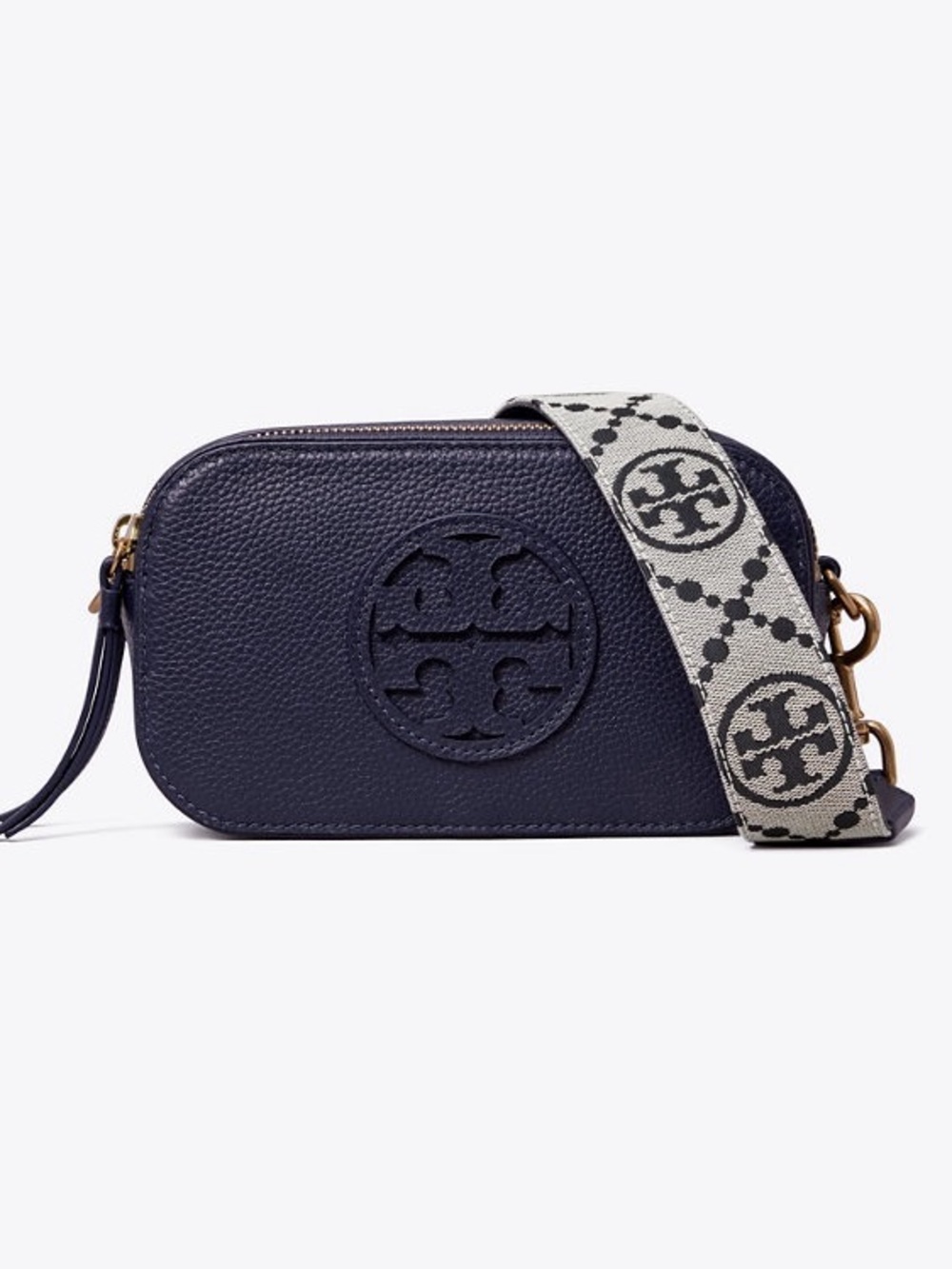Tory Burch Navy Pebbled Leather Camera Crossbody with Patterned Logo Strap